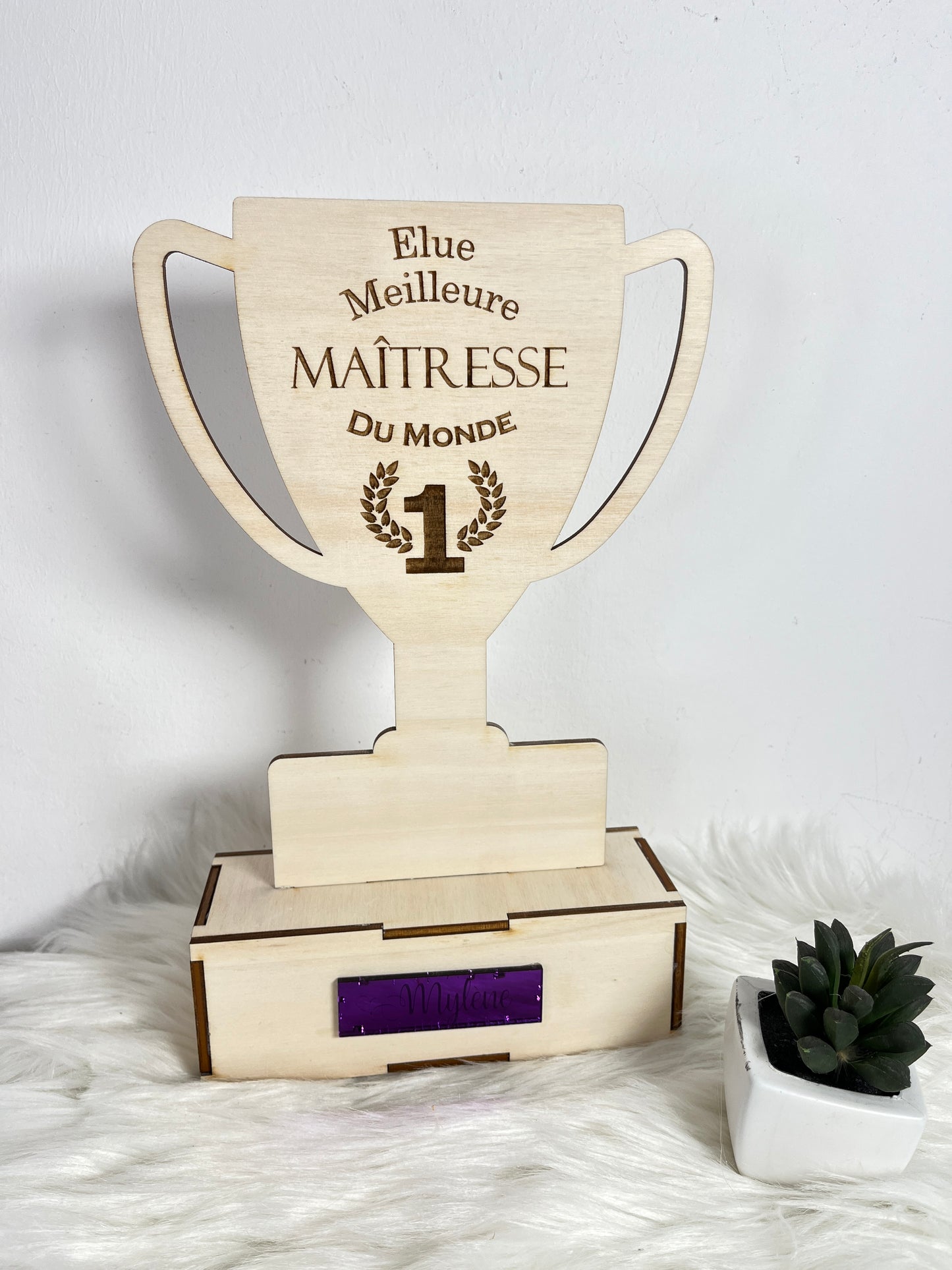 🏆Coupe personnalisée en bois – Meilleure Maîtresse gravée