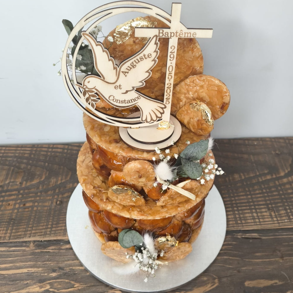 cake topper en bois  bapteme colombe personnalisable