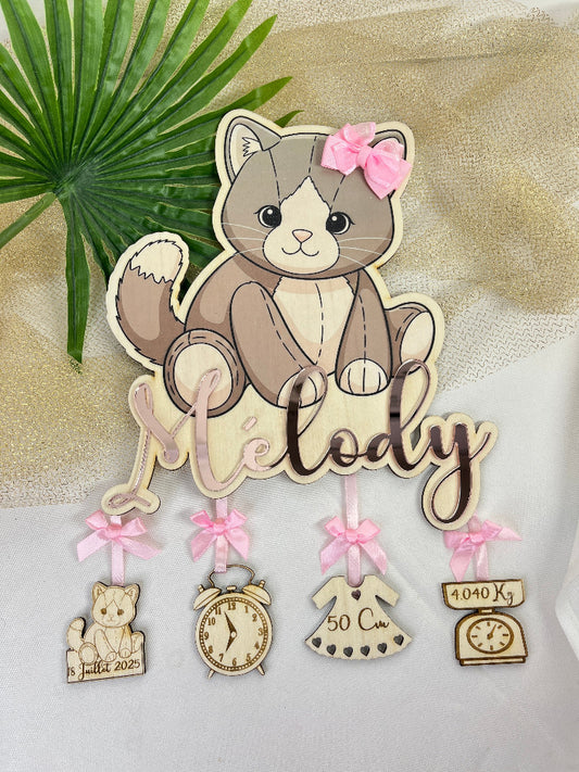 decoration chambre enfant chaton en bois et couleur personnalisable avec informations de naissance