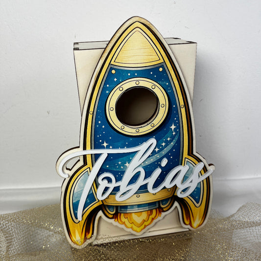 Tirelire en bois personnalisable spatiale