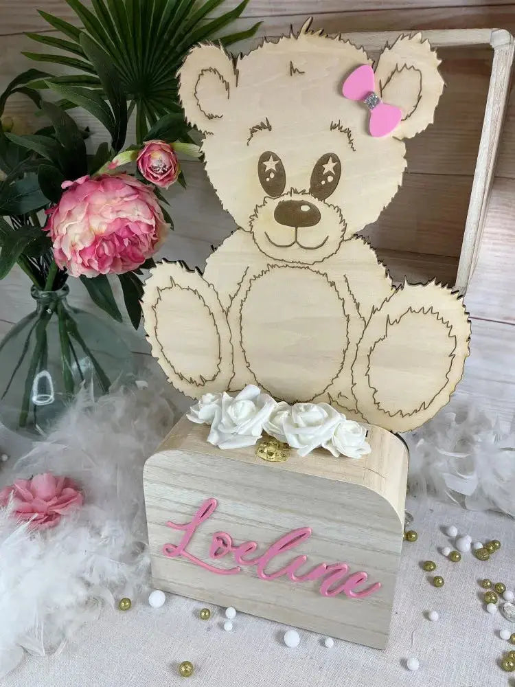 Urne de baptême nounours personnalisée - Laurie Déco et lumières