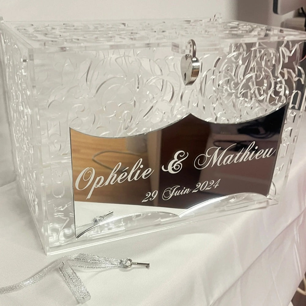 Urne en plexiglas de mariage personnalisée Laurie Déco et lumières