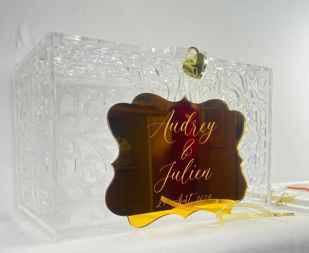 Urne en plexiglas de mariage personnalisée Laurie Déco et lumières
