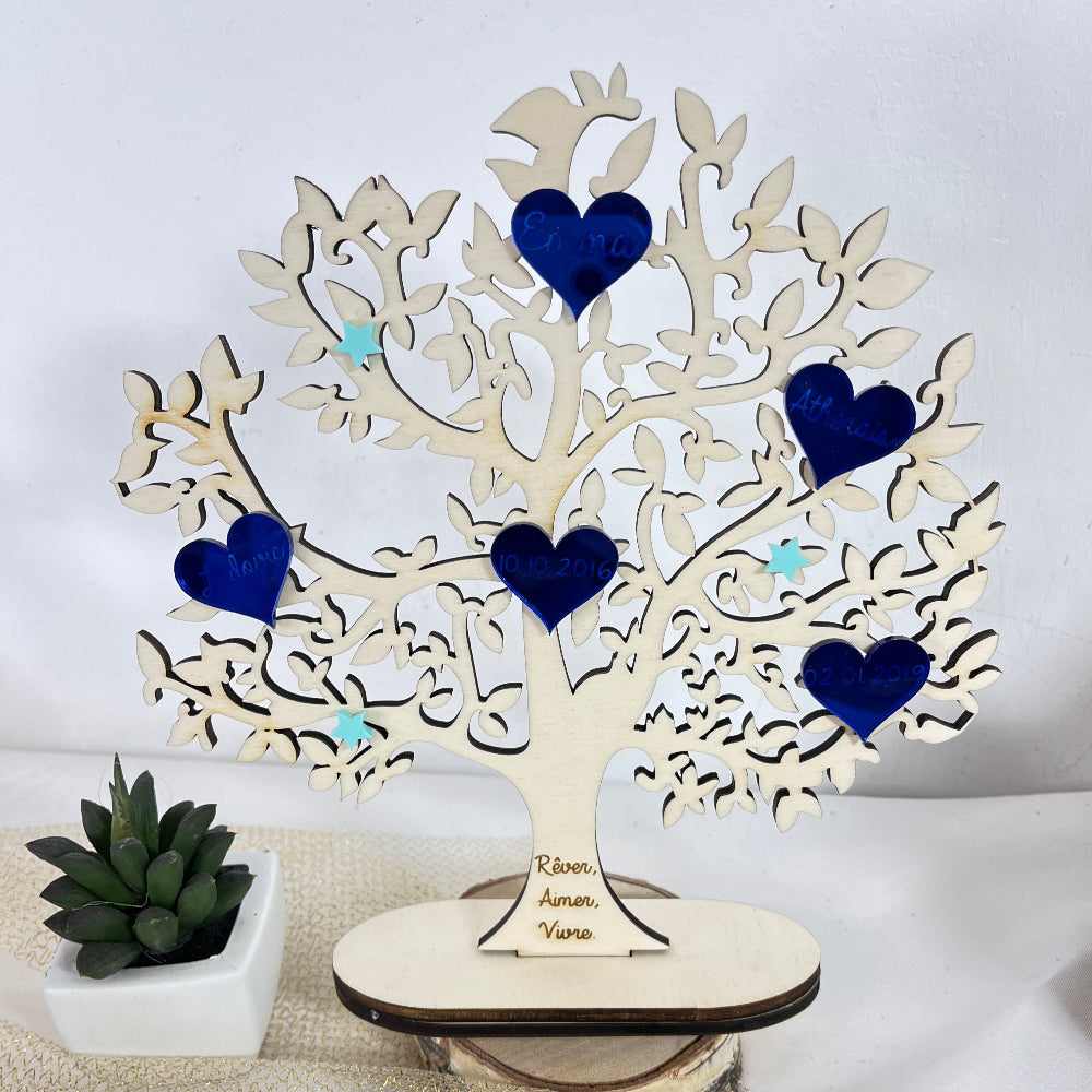 arbre de famille bois et plexiglas bleu personnalisable 