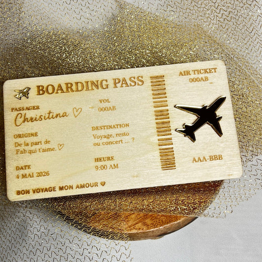 billet d'avion en bois personnalisable