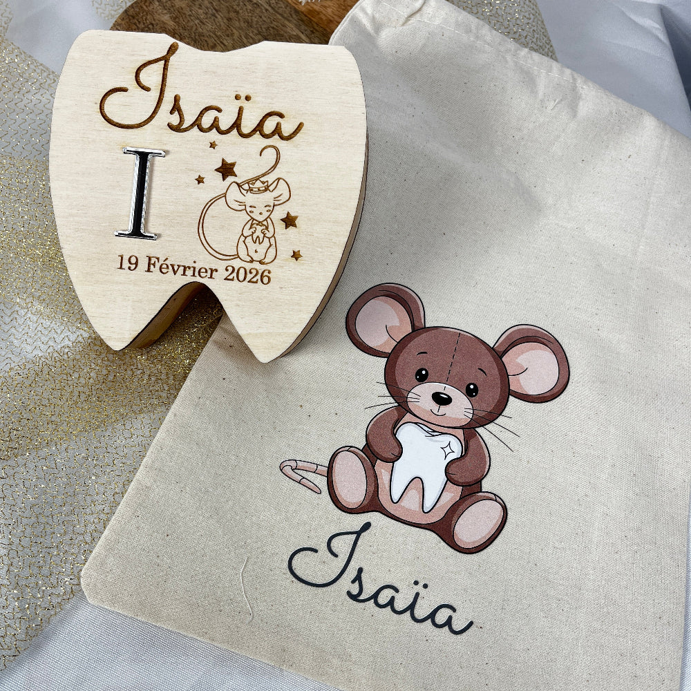 boite a dent en bois souris avec pochette personnalisable