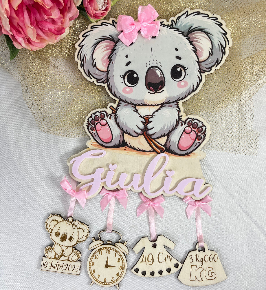 decoration de naissance koala en bois et couleur personnalisable