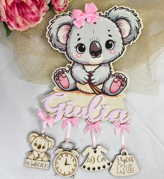 decoration de naissance koala en bois et couleur personnalisable