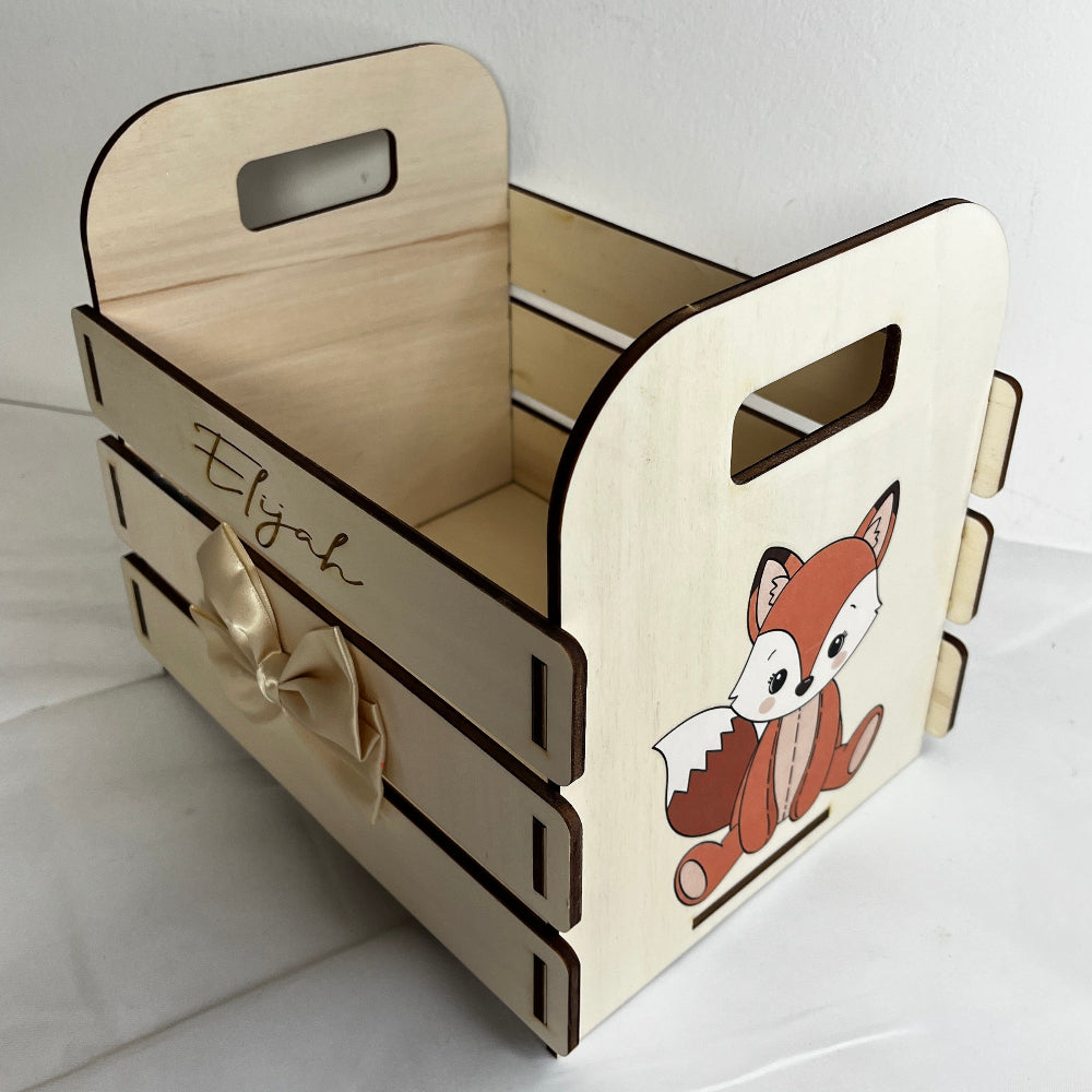 grand panier de change en bois personnalisable renard