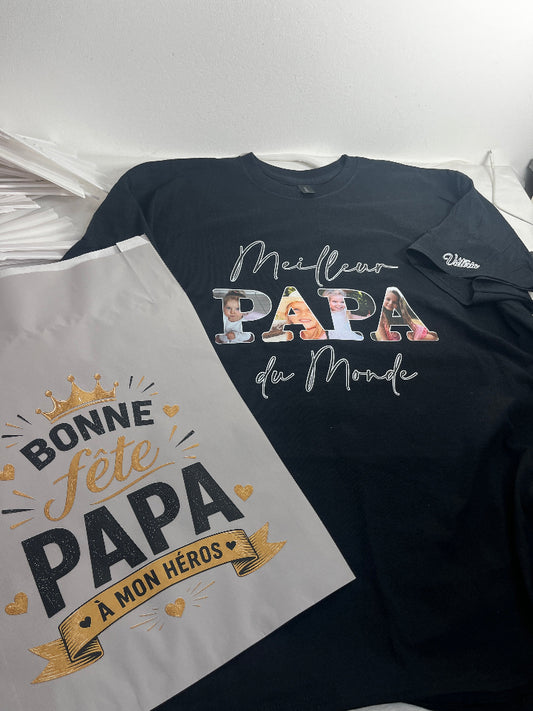 manche tshirt noir meilleur papa du monde avec photo personnalisable avec emallage cadeau