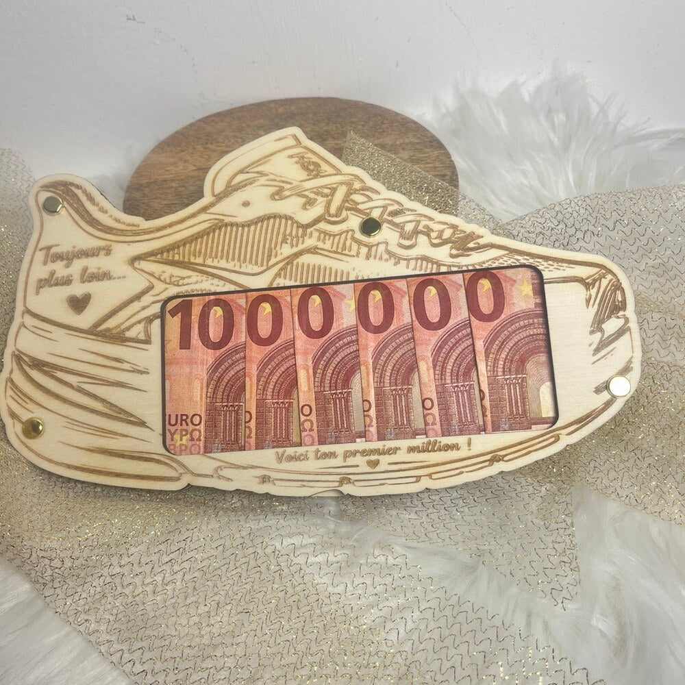 Porte-billet anniversaire basket en bois – Voici ton premier million