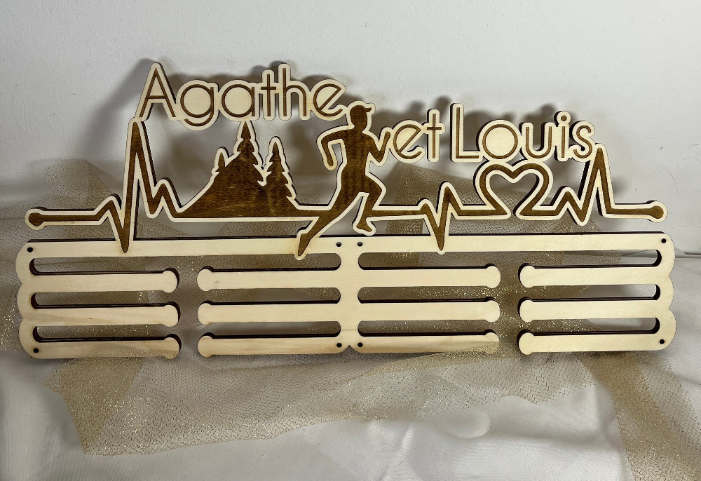 porte medaille en bois course a pied double personnalisable 