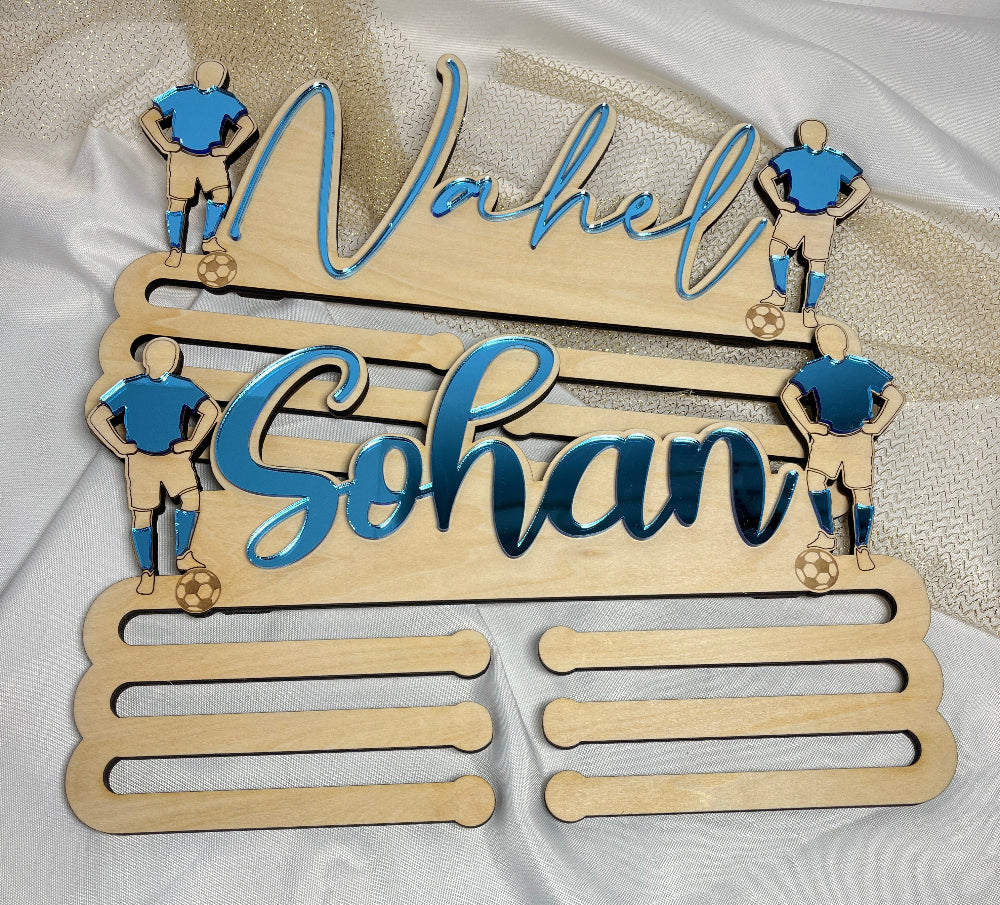 porte medaille foot miroir bleu 