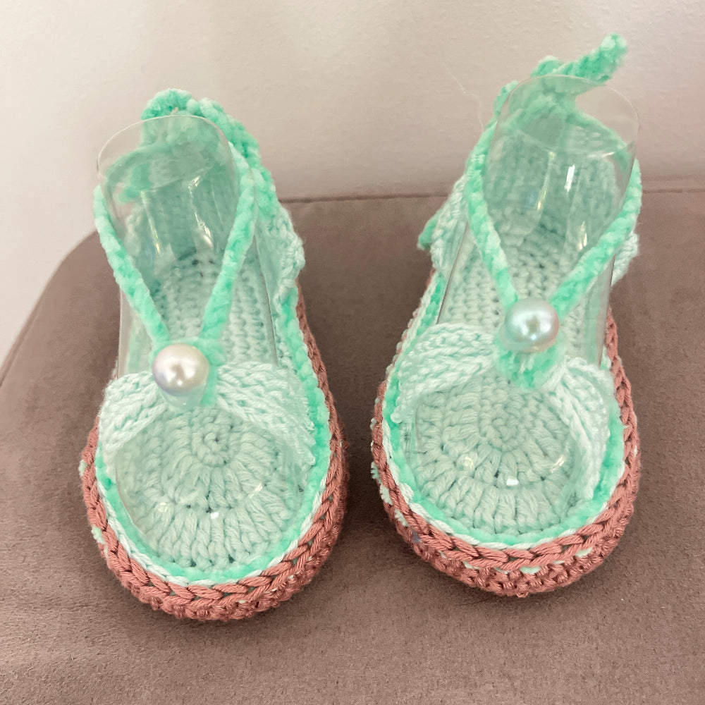 sandale compensée bébé crochet vert d'eau 