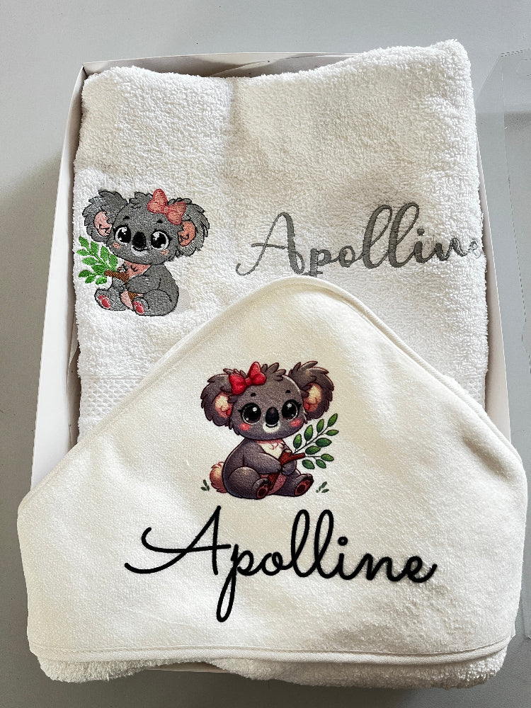 serviette  et cape de bain broderie koala personnalisable