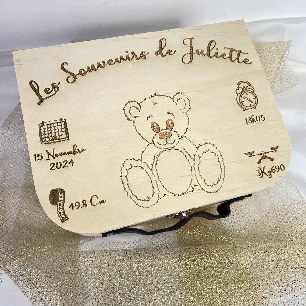valise de naissance bois ourson 