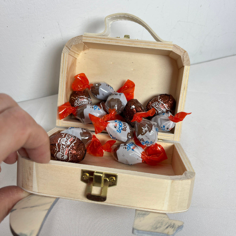 valise lapin de paque garnie de chocolat