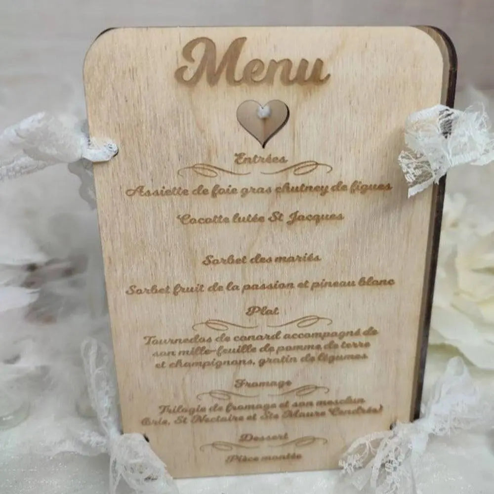 Menu de mariage en bois Laurie Déco et Lumières